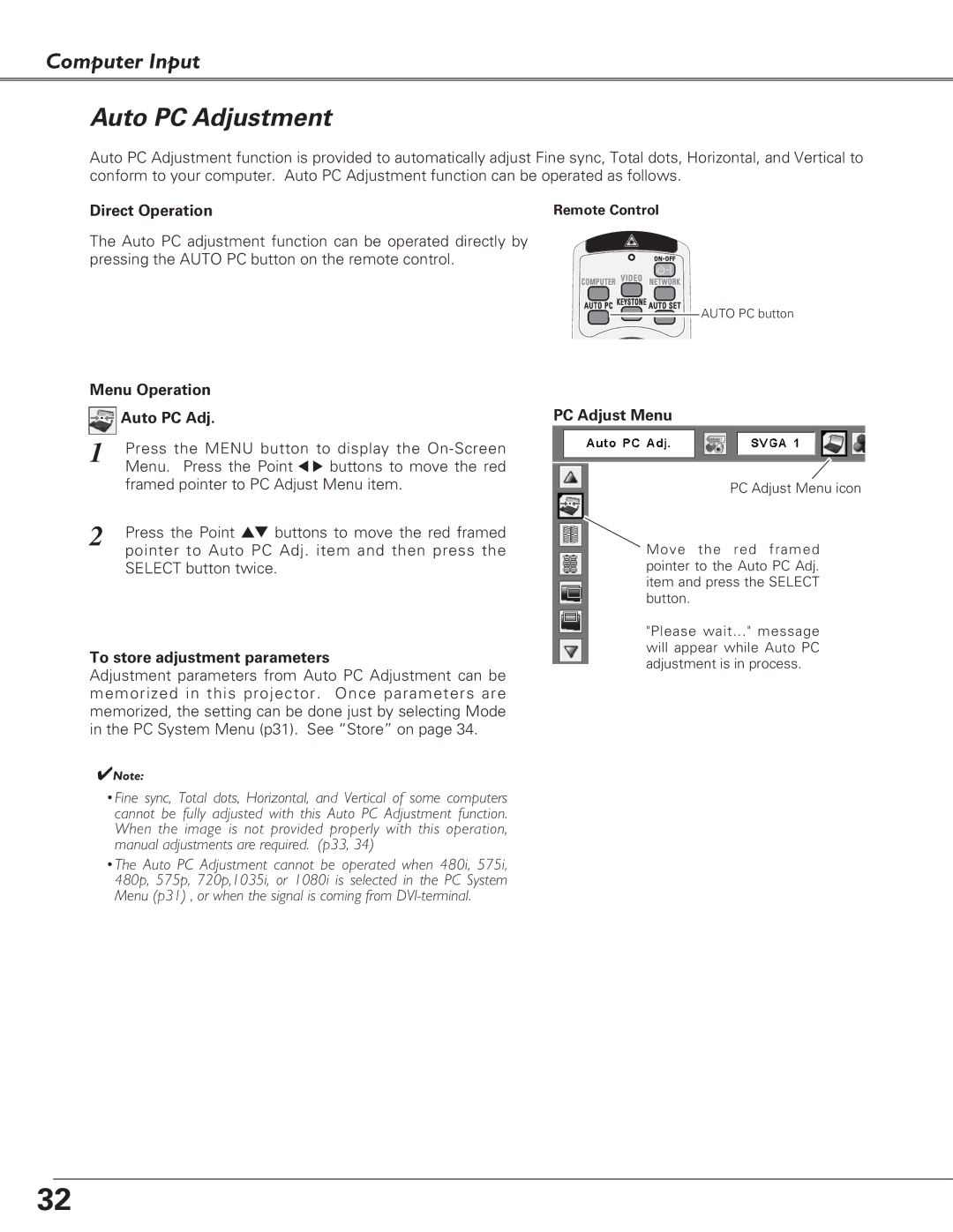 Eiki LC-XB27 owner manual Auto PC Adjustment, Menu Operation Auto PC Adj, To store adjustment parameters, PC Adjust Menu 