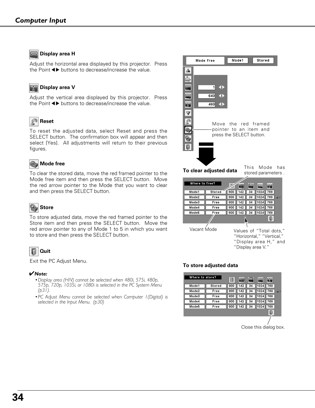 Eiki LC-XB27 owner manual Display area H, Reset, Mode free, Store, Quit, To clear adjusted data, To store adjusted data 