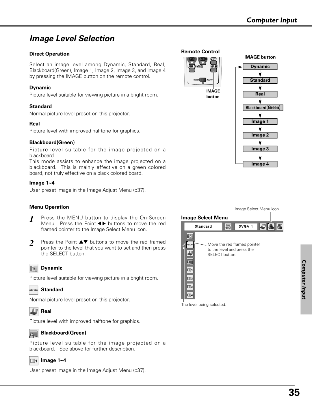 Eiki LC-XB27 owner manual Image Level Selection 