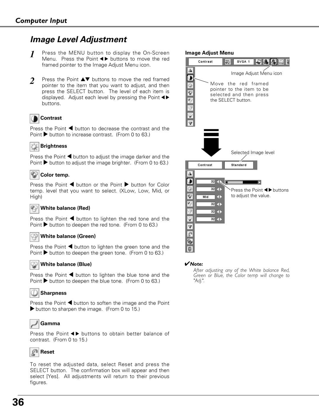 Eiki LC-XB27 owner manual Image Level Adjustment 