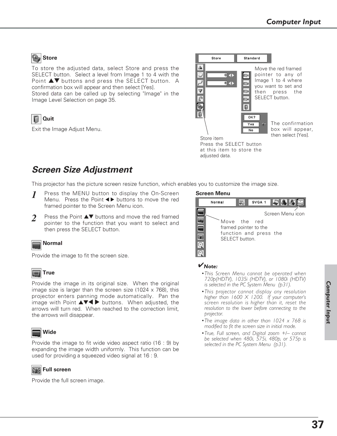 Eiki LC-XB27 owner manual Screen Size Adjustment 