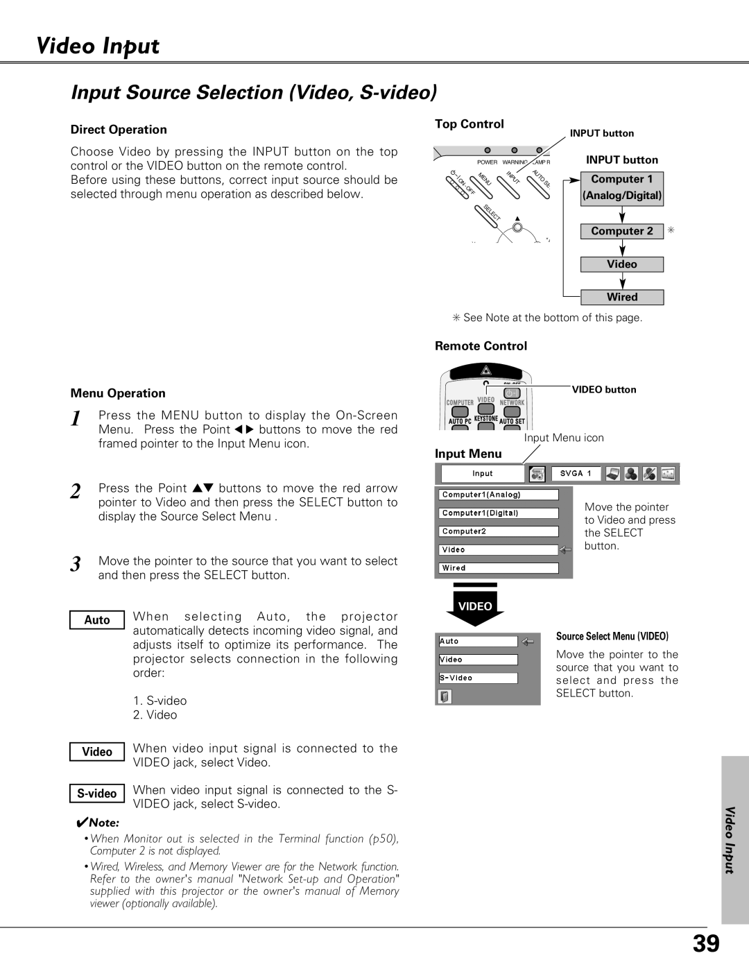 Eiki LC-XB27 owner manual Video Input, Input Source Selection Video, S-video, Auto 