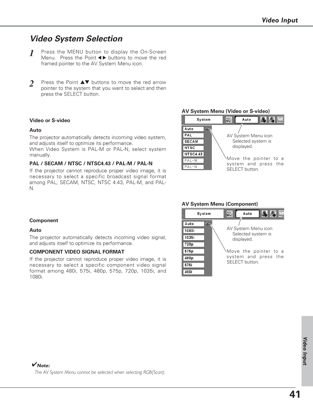 Eiki LC-XB27 owner manual Video System Selection, Video or S-video Auto, Component Auto, AV System Menu Video or S-video 