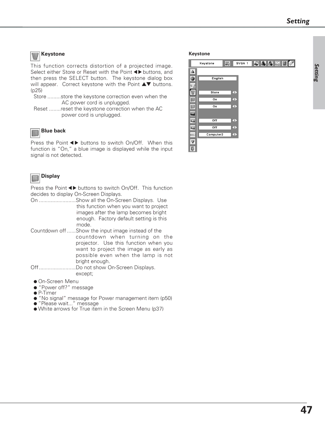 Eiki LC-XB27 owner manual Setting, Keystone, Blue back, Display 