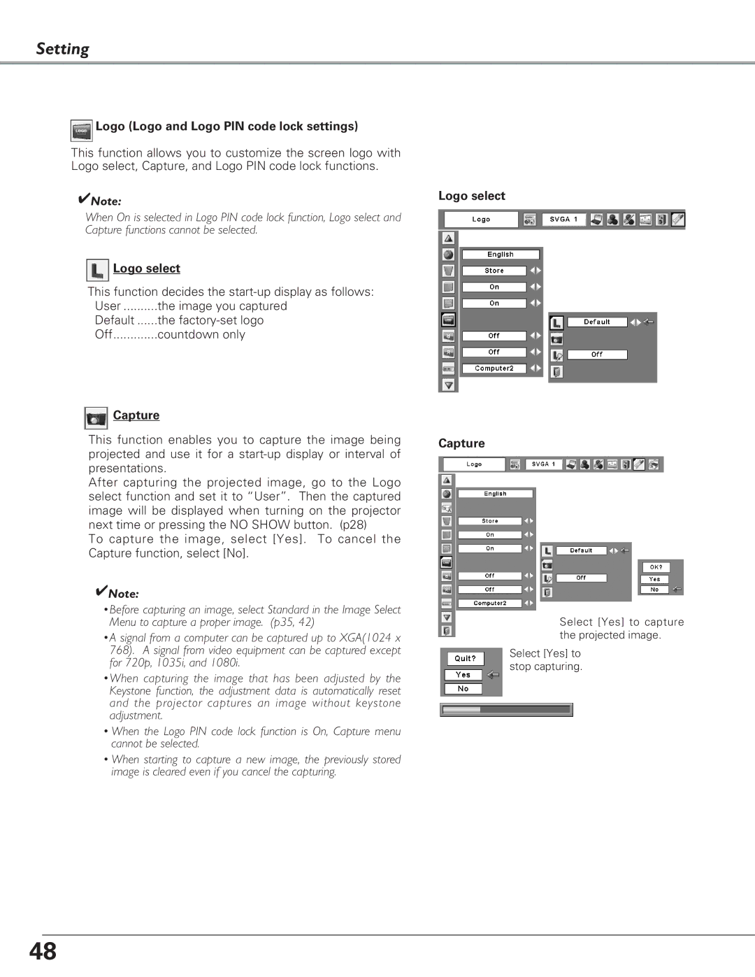 Eiki LC-XB27 owner manual Logo Logo and Logo PIN code lock settings, Logo select Capture 