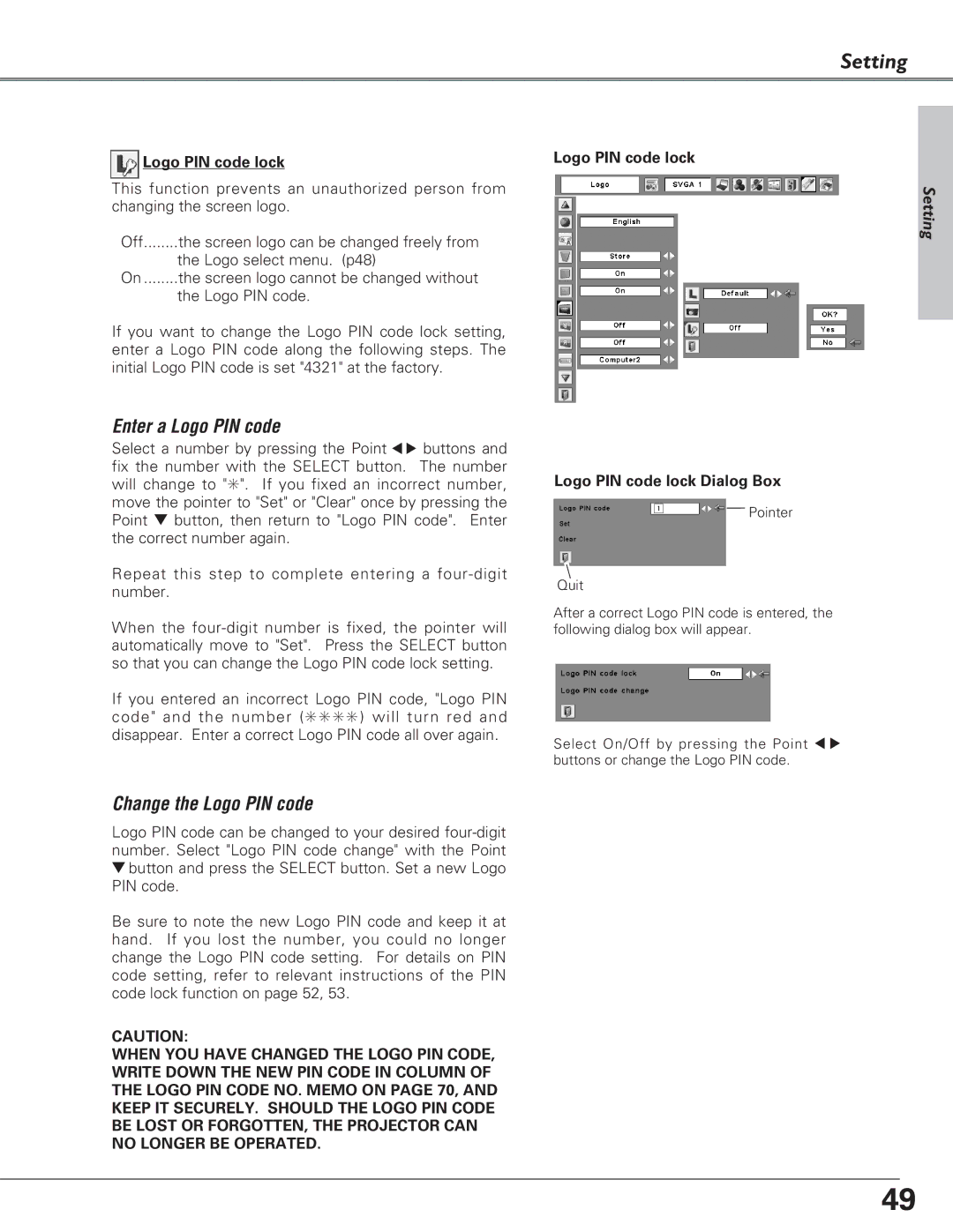 Eiki LC-XB27 owner manual Logo PIN code lock Dialog Box 