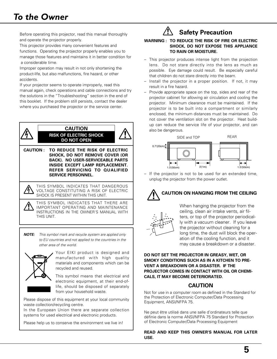 Eiki LC-XB27 owner manual To the Owner, Risk of Electric Shock Do not Open 