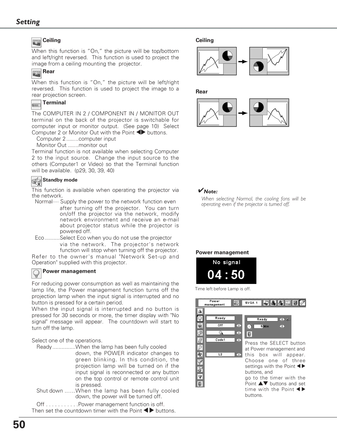 Eiki LC-XB27 owner manual Ceiling, Rear, Terminal, Power management 