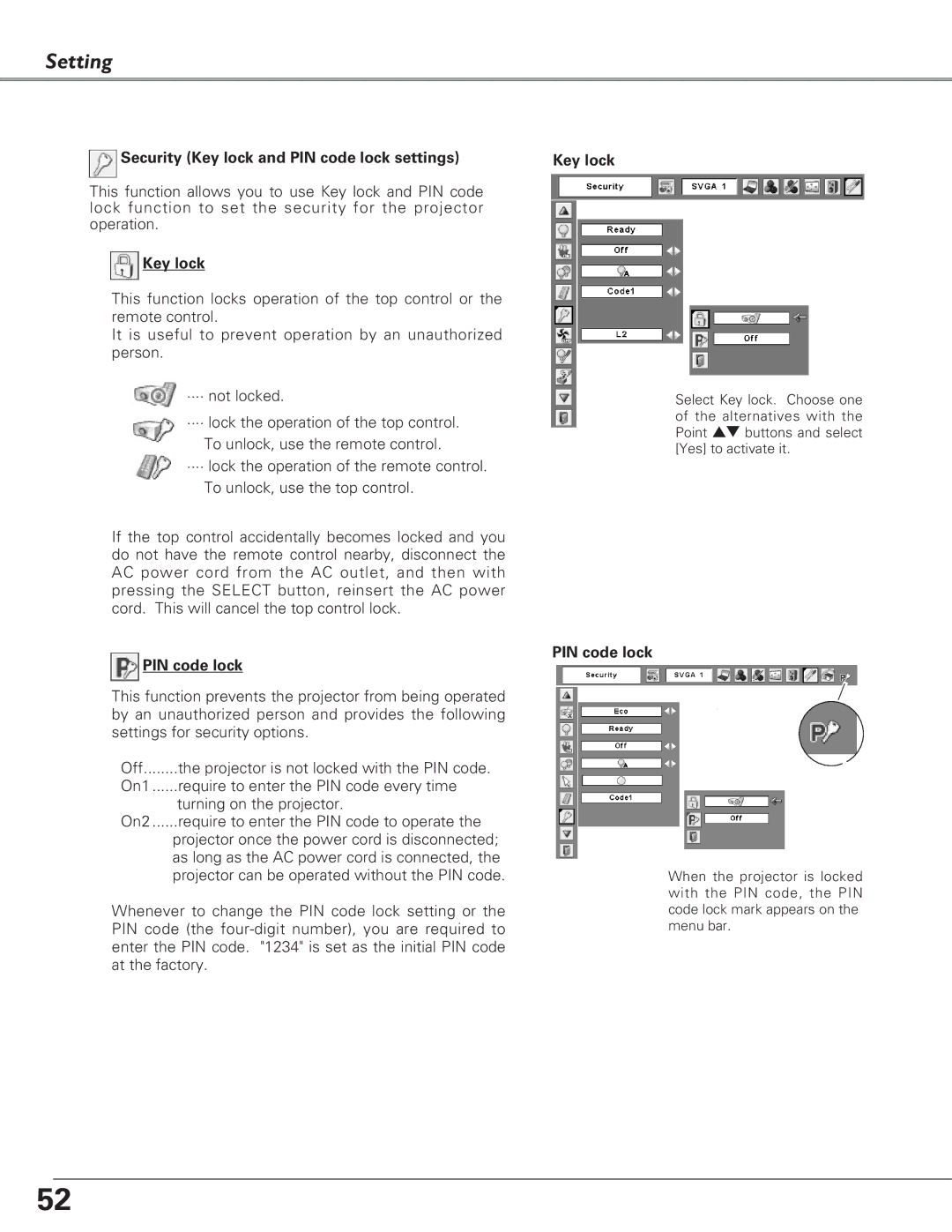 Eiki LC-XB27 owner manual Security Key lock and PIN code lock settings 