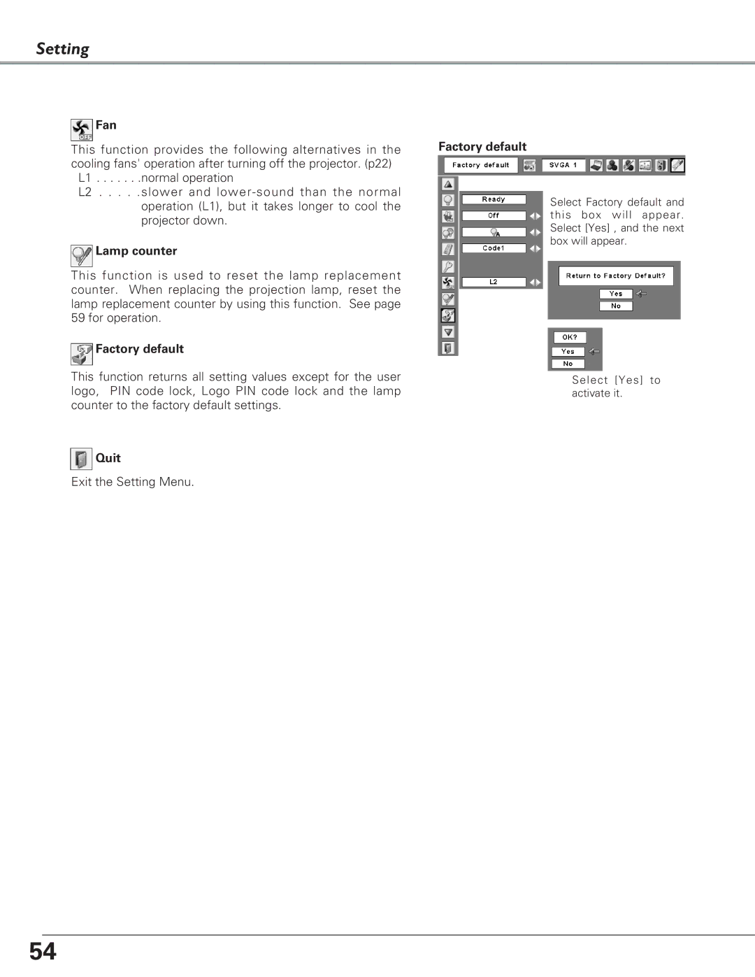 Eiki LC-XB27 owner manual Factory default, Lamp counter 