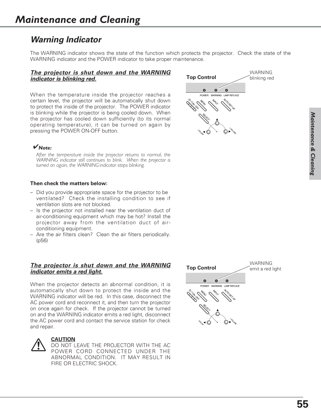 Eiki LC-XB27 owner manual Maintenance and Cleaning, Projector is shut down and the Warning, Indicator is blinking red 