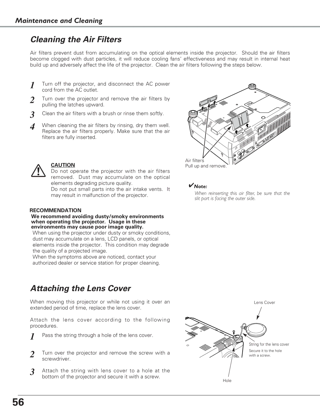 Eiki LC-XB27 owner manual Cleaning the Air Filters, Attaching the Lens Cover 