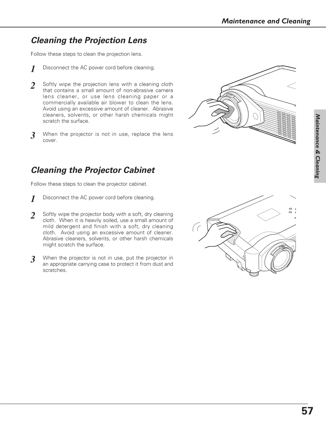 Eiki LC-XB27 owner manual Cleaning the Projection Lens, Cleaning the Projector Cabinet 