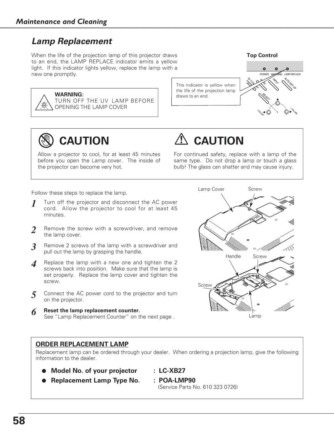 Eiki LC-XB27 owner manual Lamp Replacement, Reset the lamp replacement counter, Service Parts No 323 