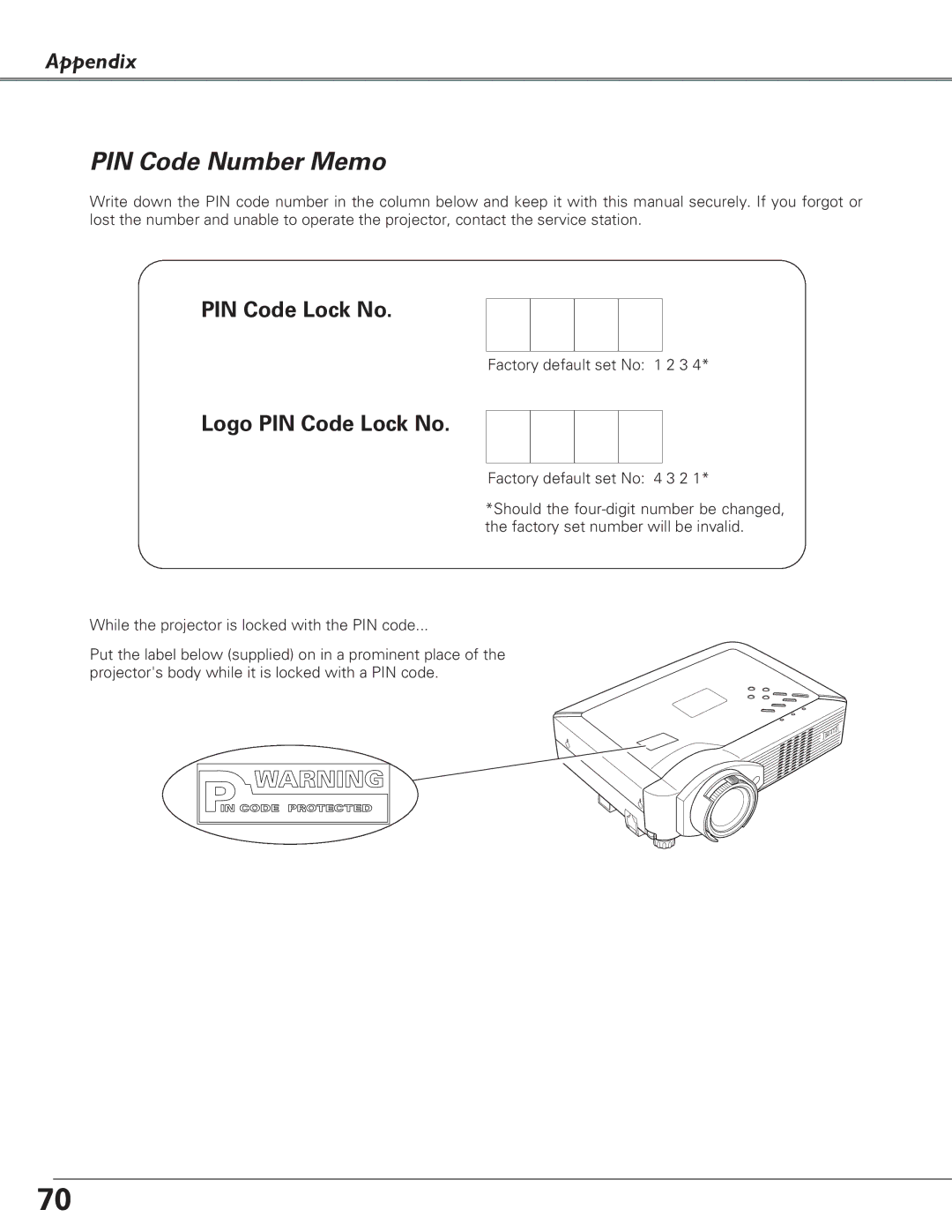 Eiki LC-XB27 owner manual PIN Code Number Memo, Logo PIN Code Lock No 