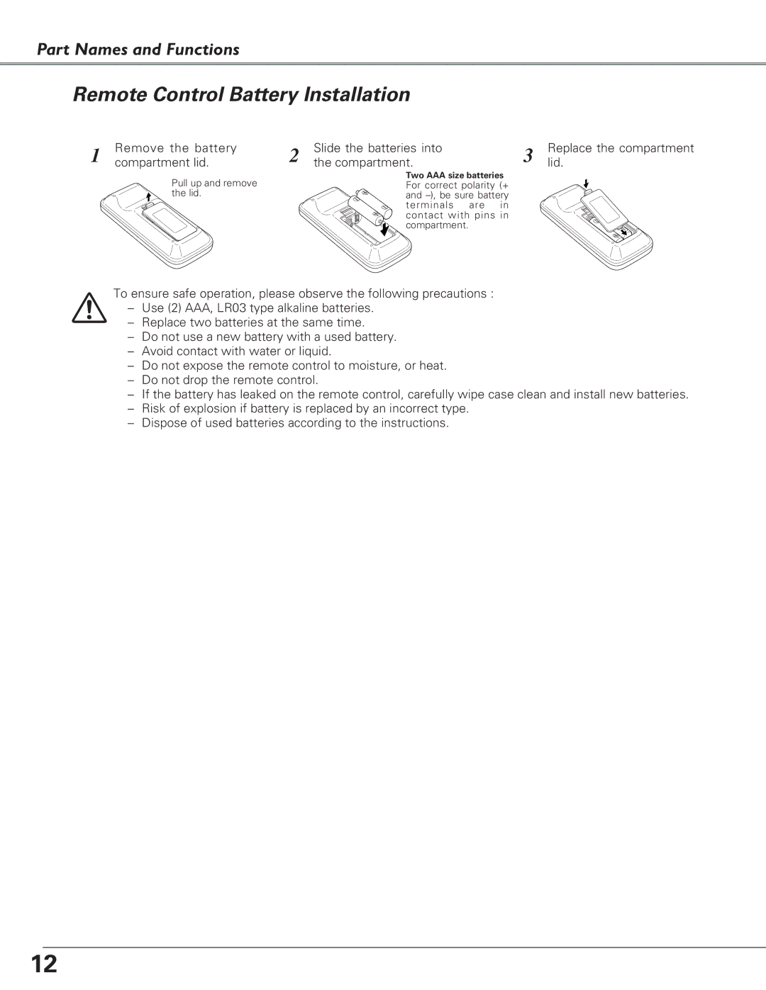 Eiki LC-XB28 owner manual Remote Control Battery Installation 