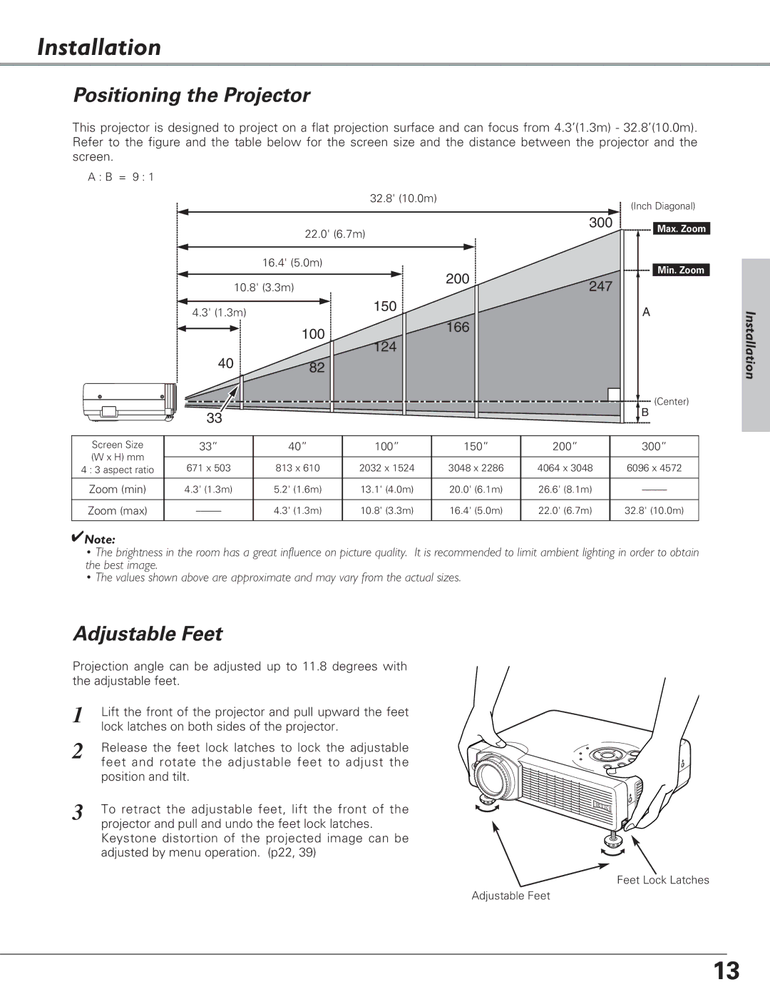 Eiki LC-XB28 owner manual Installation, Positioning the Projector, Adjustable Feet 