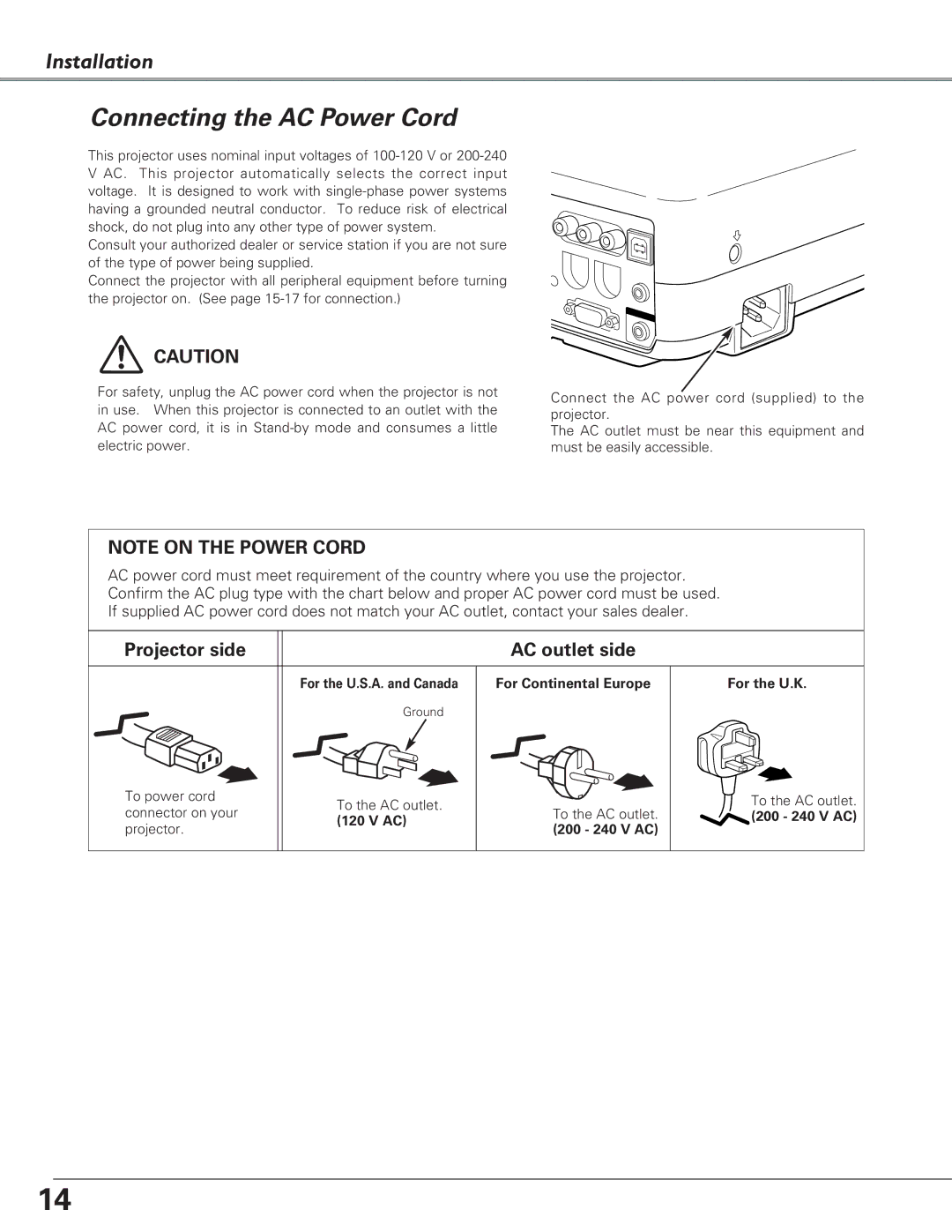 Eiki LC-XB28 owner manual Connecting the AC Power Cord, Projector side AC outlet side 