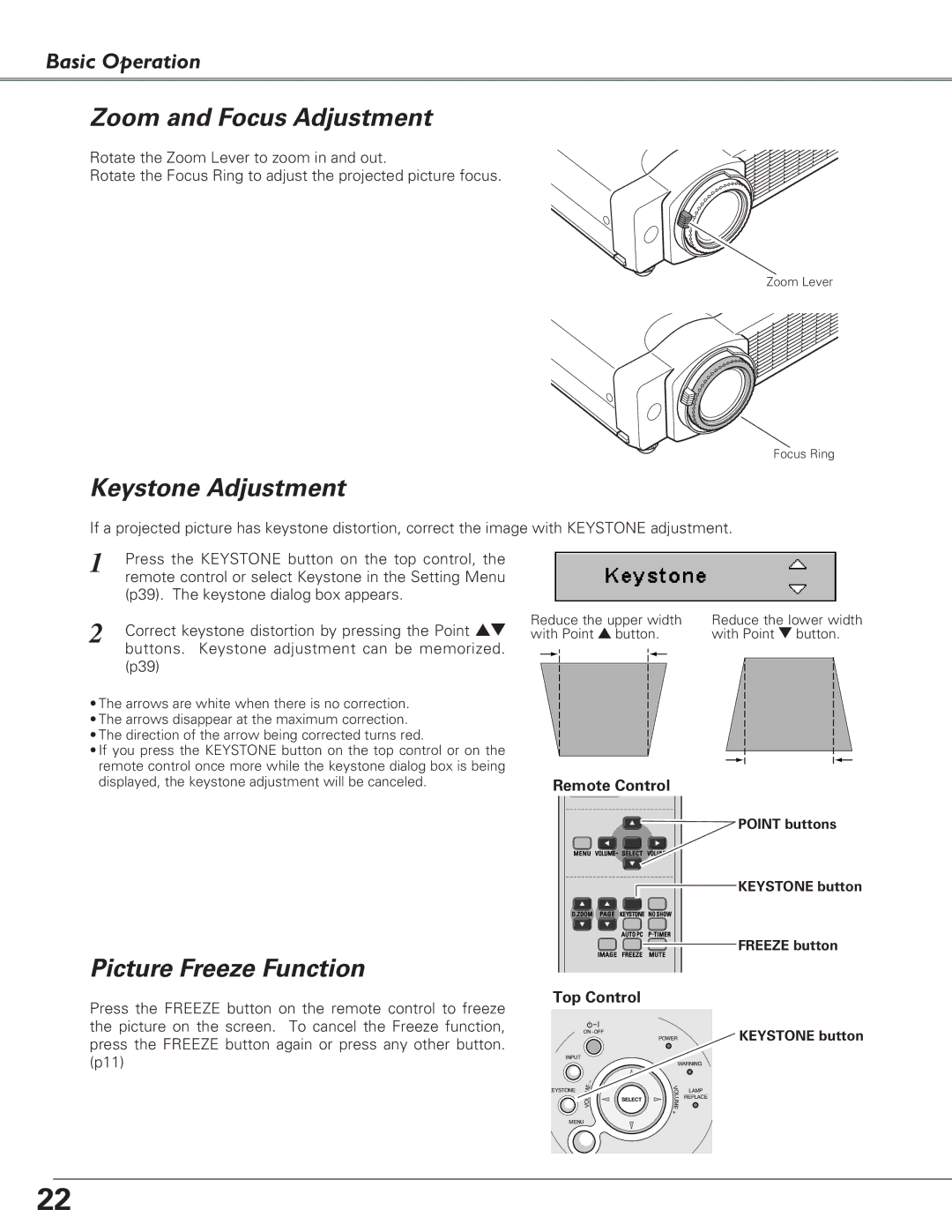 Eiki LC-XB28 owner manual Zoom and Focus Adjustment, Keystone Adjustment, Picture Freeze Function 