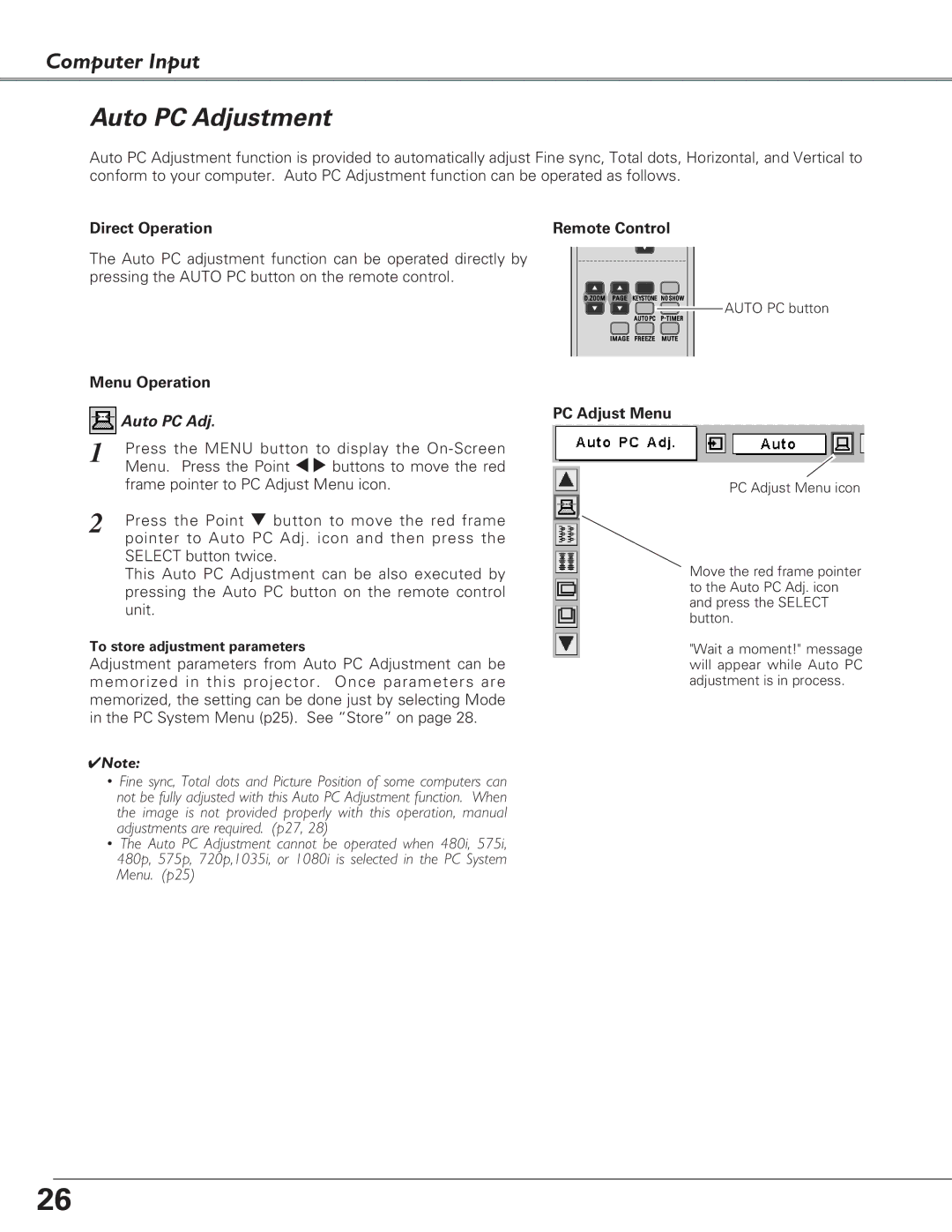 Eiki LC-XB28 owner manual Auto PC Adjustment, Direct Operation Remote Control, PC Adjust Menu 