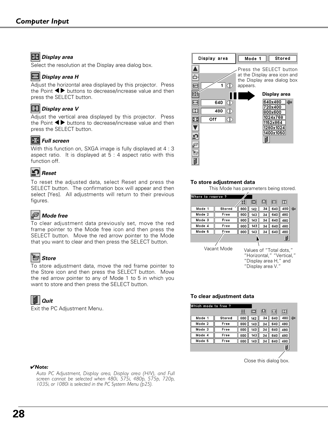 Eiki LC-XB28 owner manual Display area H, Full screen, Reset, Mode free, Store, Quit 