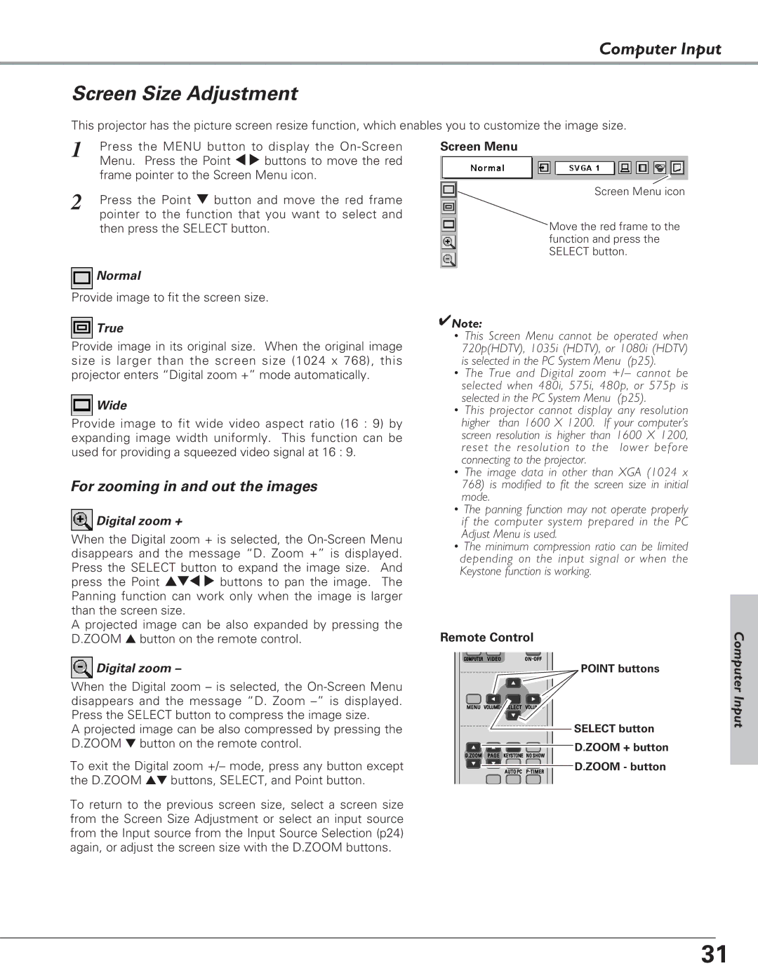 Eiki LC-XB28 owner manual Screen Size Adjustment 