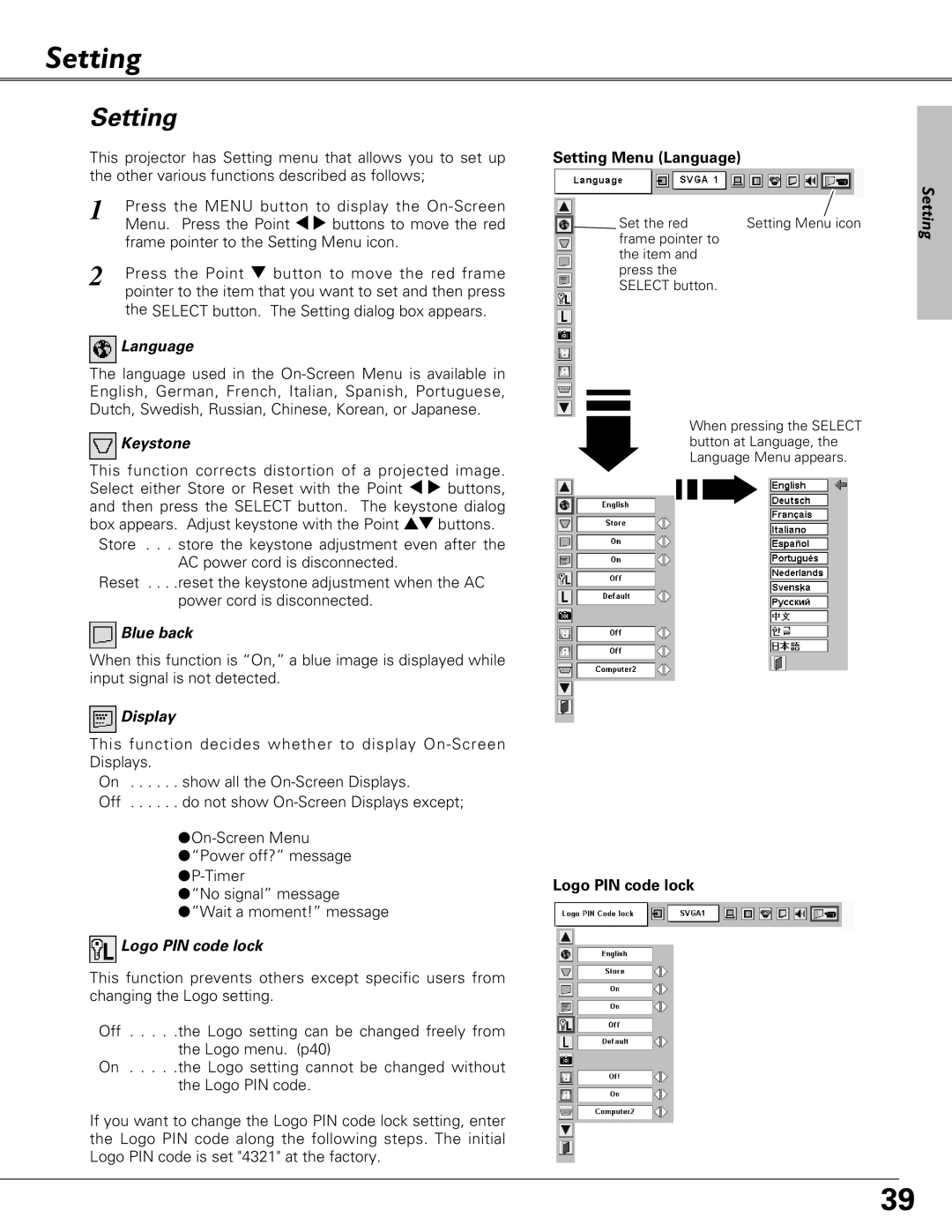 Eiki LC-XB28 owner manual Setting 