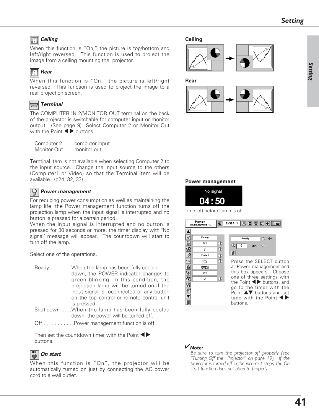 Eiki LC-XB28 owner manual Ceiling, Rear, Terminal, Power management, On start, Setting 