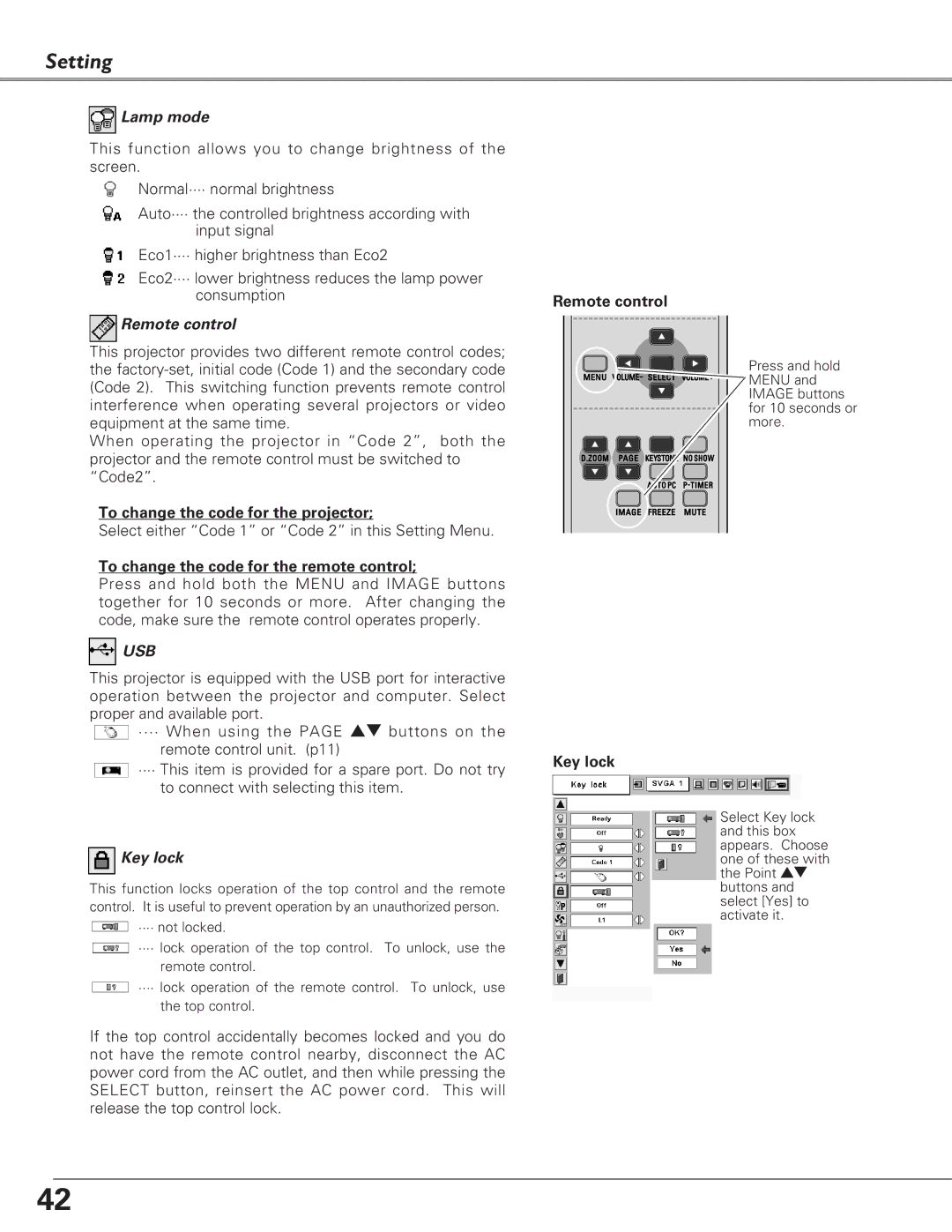 Eiki LC-XB28 owner manual Lamp mode, Remote control, Key lock 