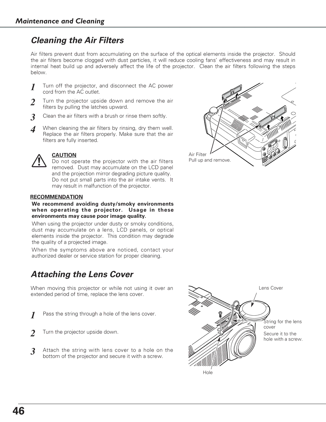 Eiki LC-XB28 owner manual Cleaning the Air Filters, Attaching the Lens Cover 