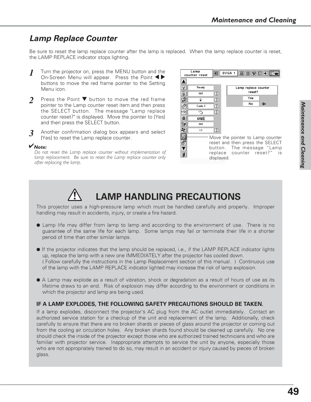 Eiki LC-XB28 owner manual Lamp Handling Precautions, Lamp Replace Counter 