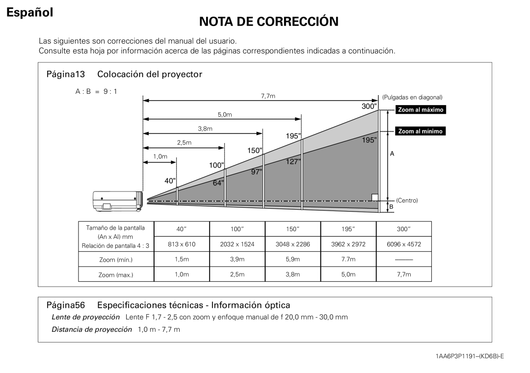 Eiki LC-XB28 owner manual Nota DE Corrección 