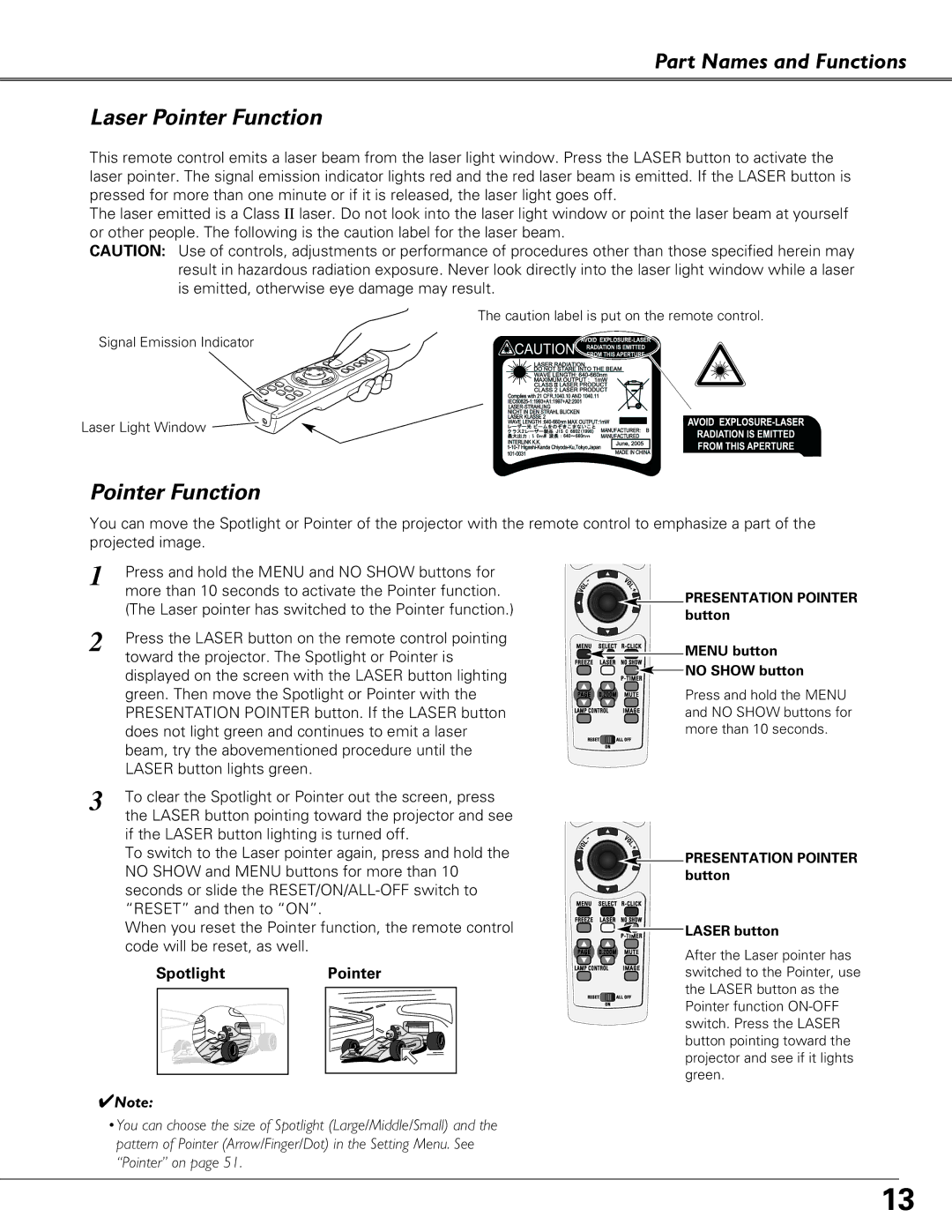 Eiki LC-XB29N owner manual Part Names and Functions Laser Pointer Function, Spotlight Pointer 