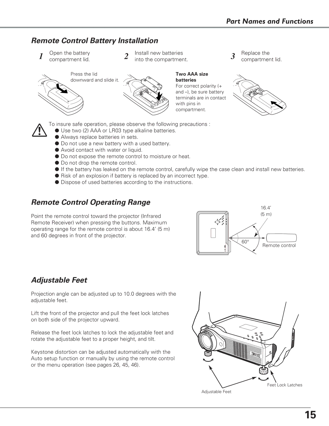 Eiki LC-XB29N owner manual Remote Control Operating Range, Adjustable Feet 