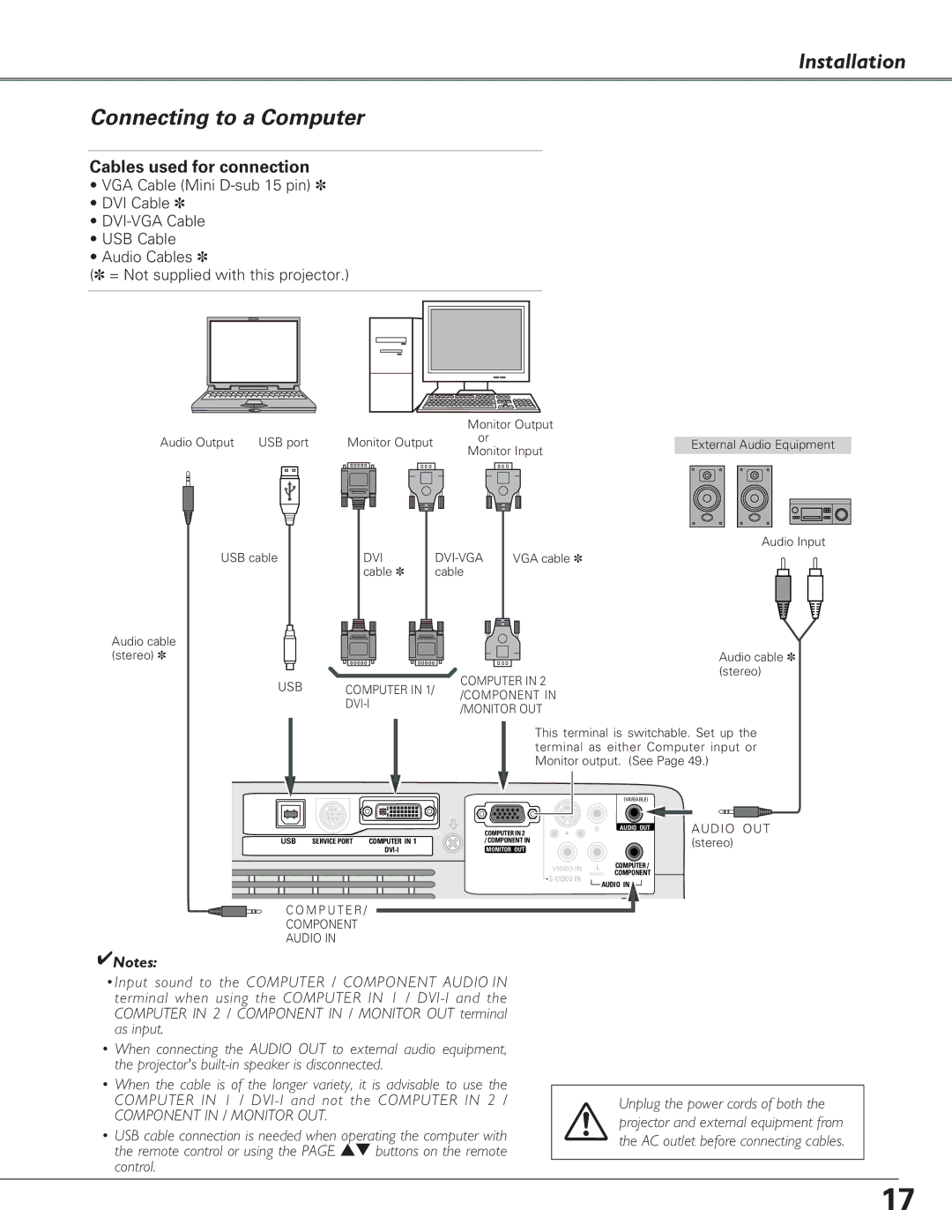 Eiki LC-XB29N owner manual Installation Connecting to a Computer, Cables used for connection 