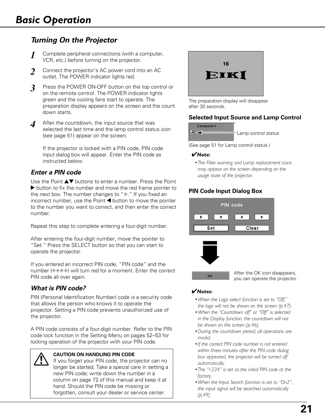 Eiki LC-XB29N Basic Operation, Turning On the Projector, Selected Input Source and Lamp Control, PIN Code Input Dialog Box 