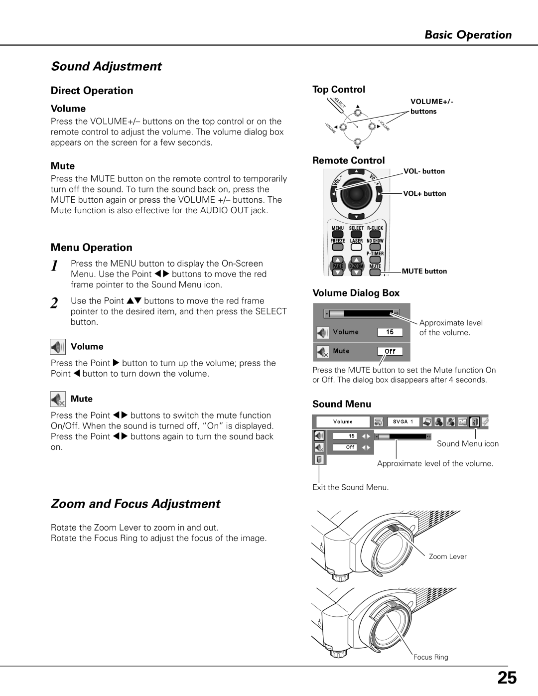 Eiki LC-XB29N owner manual Sound Adjustment, Zoom and Focus Adjustment 