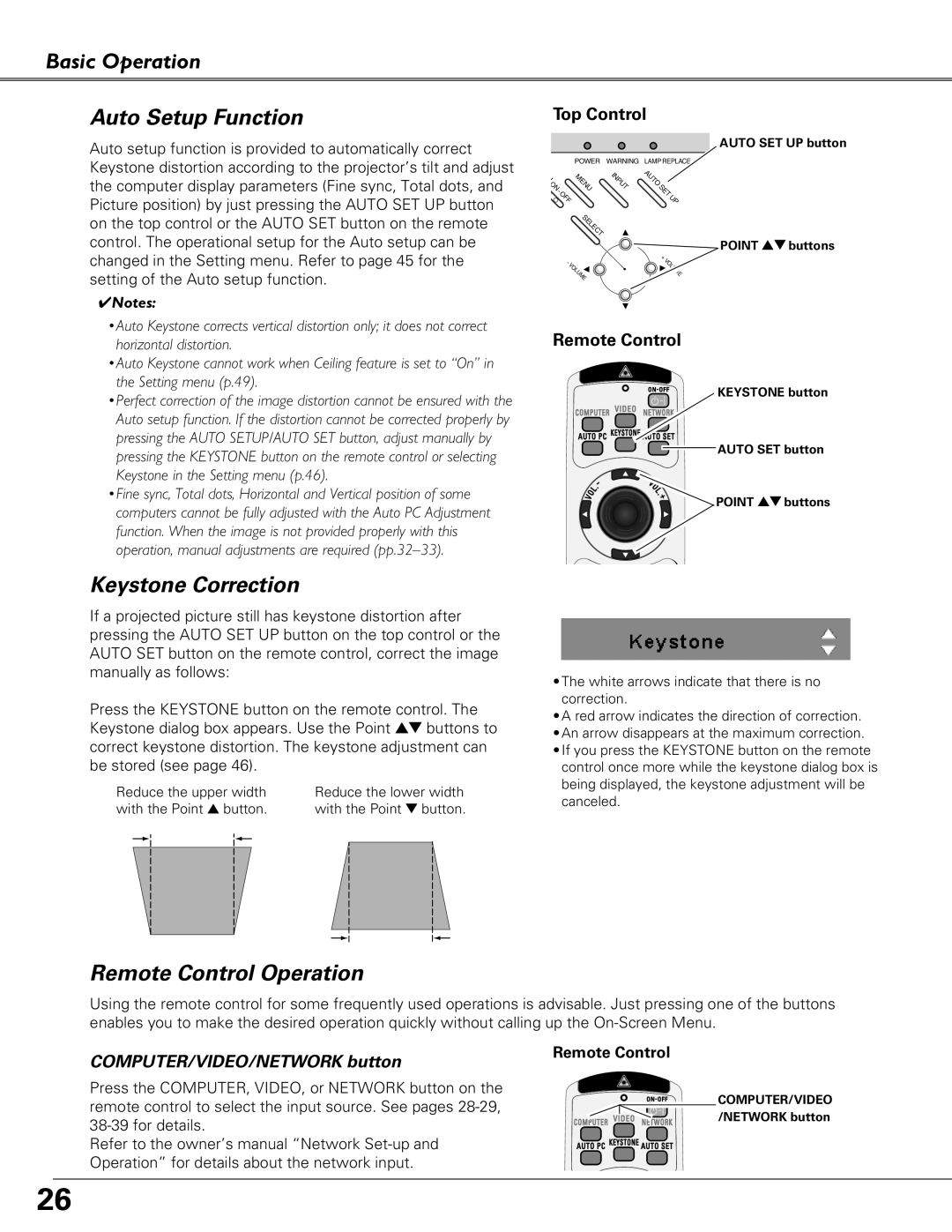 Eiki LC-XB29N owner manual Basic Operation Auto Setup Function, Keystone Correction, Remote Control Operation 