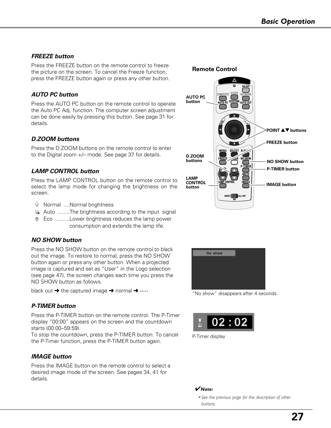 Eiki LC-XB29N owner manual Freeze button 