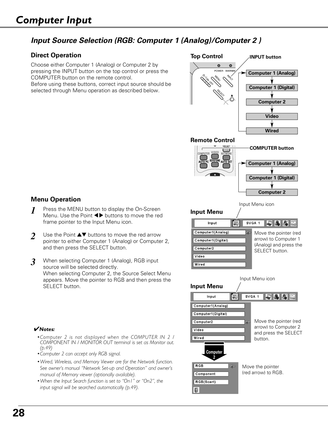 Eiki LC-XB29N owner manual Computer Input, Input Source Selection RGB Computer 1 Analog/Computer 