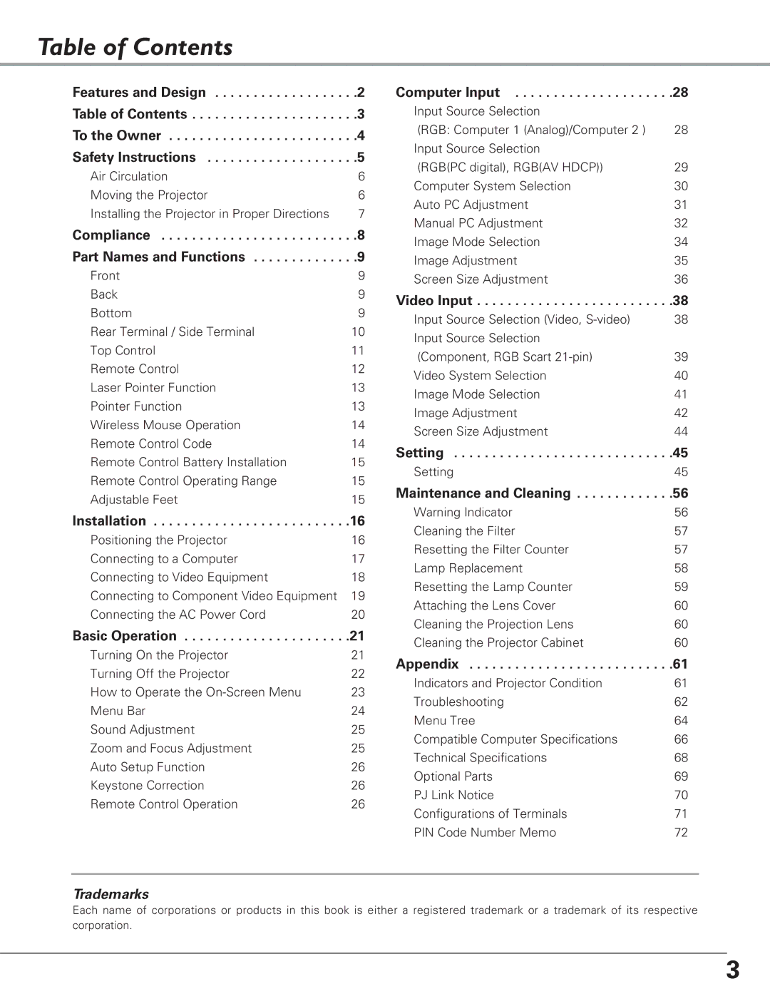 Eiki LC-XB29N owner manual Table of Contents 