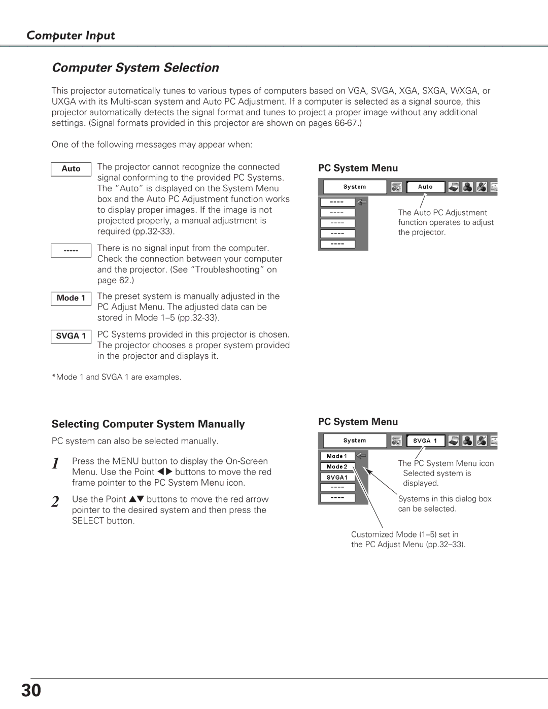 Eiki LC-XB29N owner manual Computer Input Computer System Selection, PC System Menu 