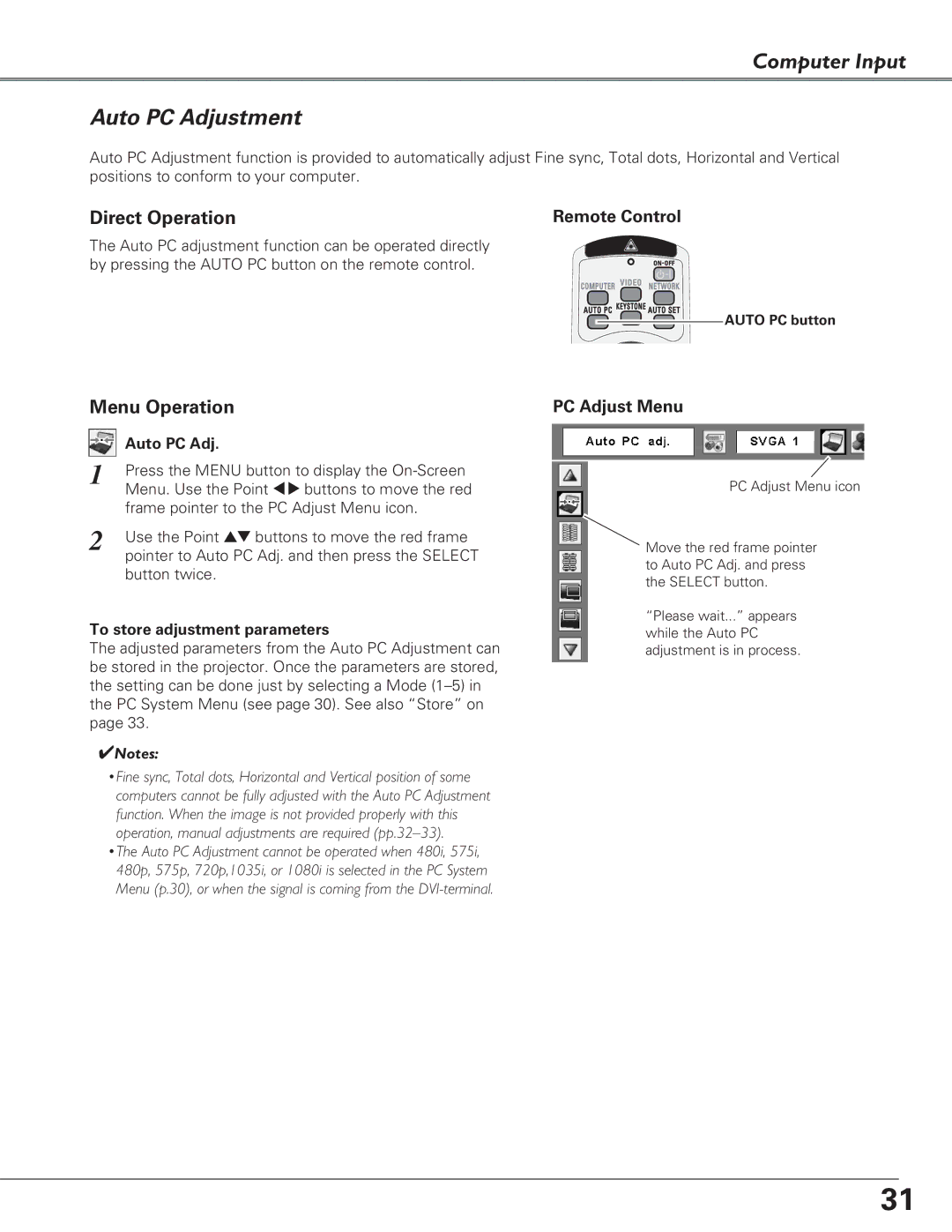 Eiki LC-XB29N owner manual Computer Input Auto PC Adjustment, PC Adjust Menu, To store adjustment parameters 