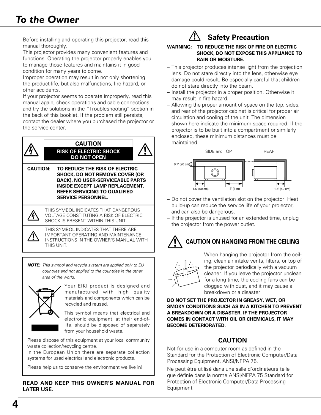 Eiki LC-XB29N owner manual To the Owner, Risk of Electric Shock Do not Open 