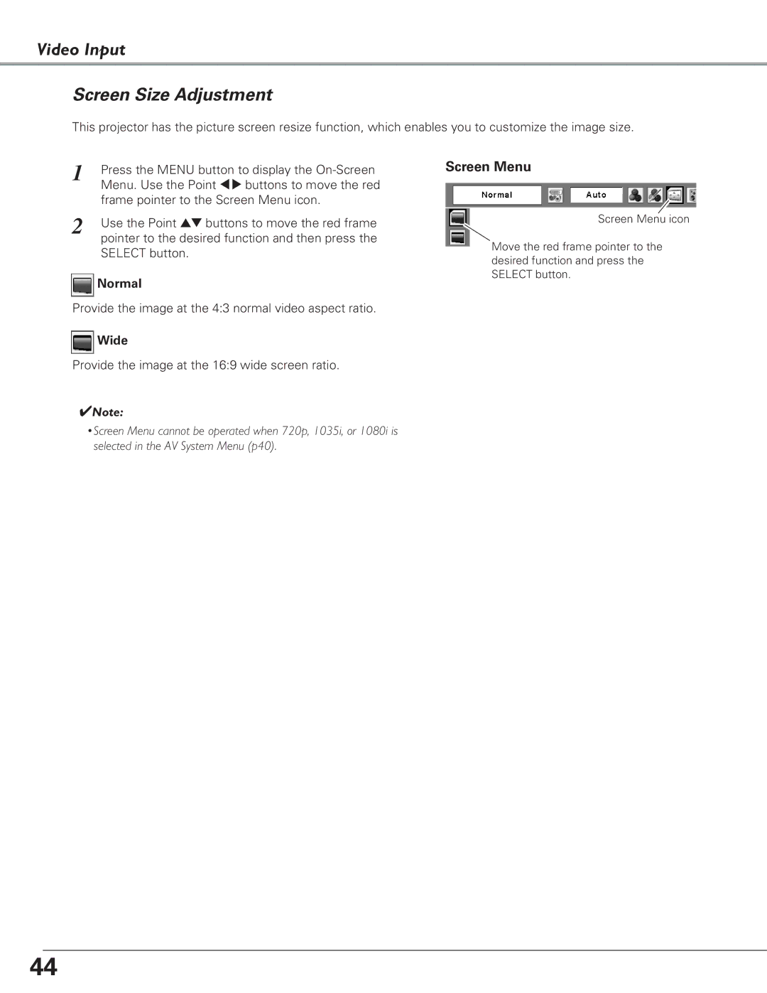 Eiki LC-XB29N owner manual Video Input Screen Size Adjustment, Normal 