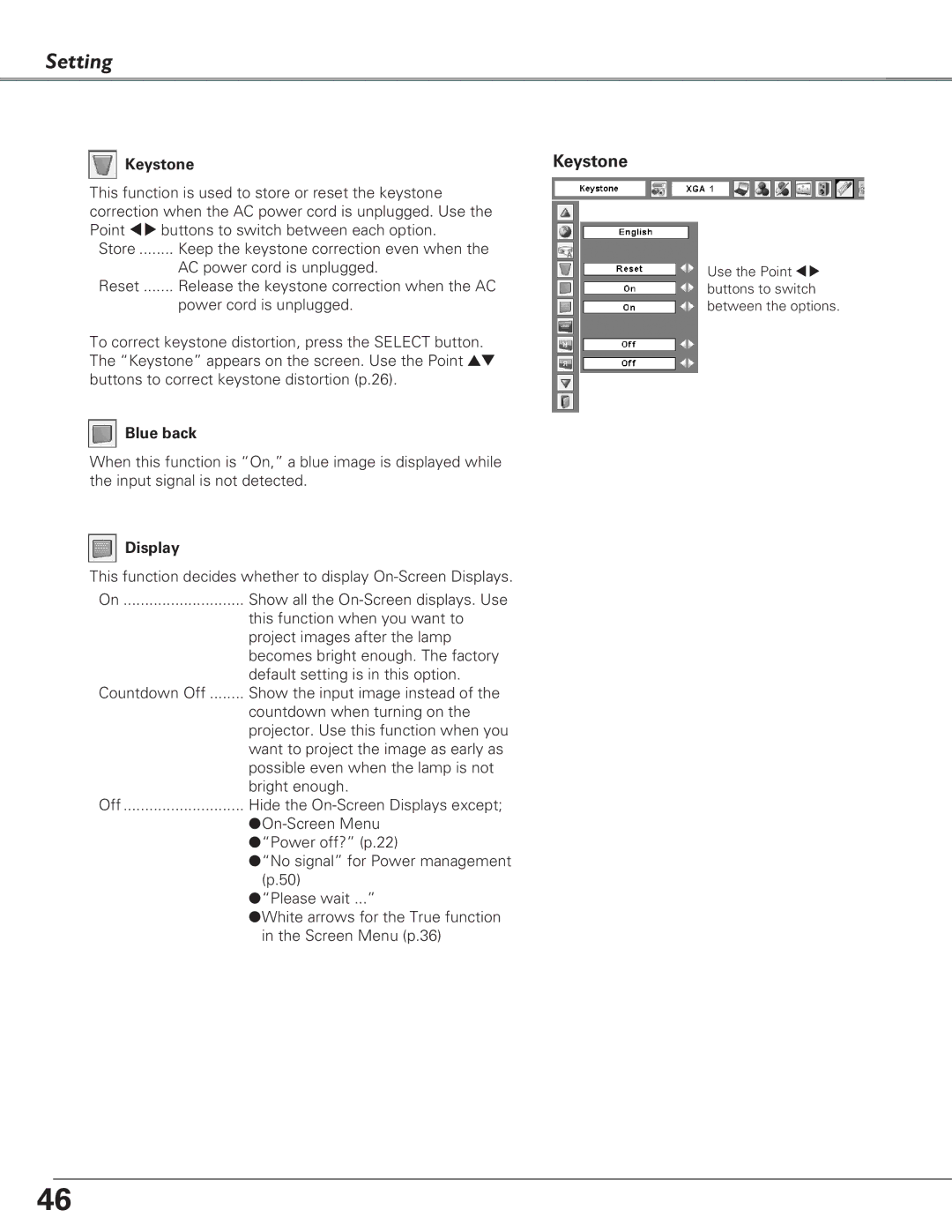 Eiki LC-XB29N owner manual Keystone, Blue back, Display 