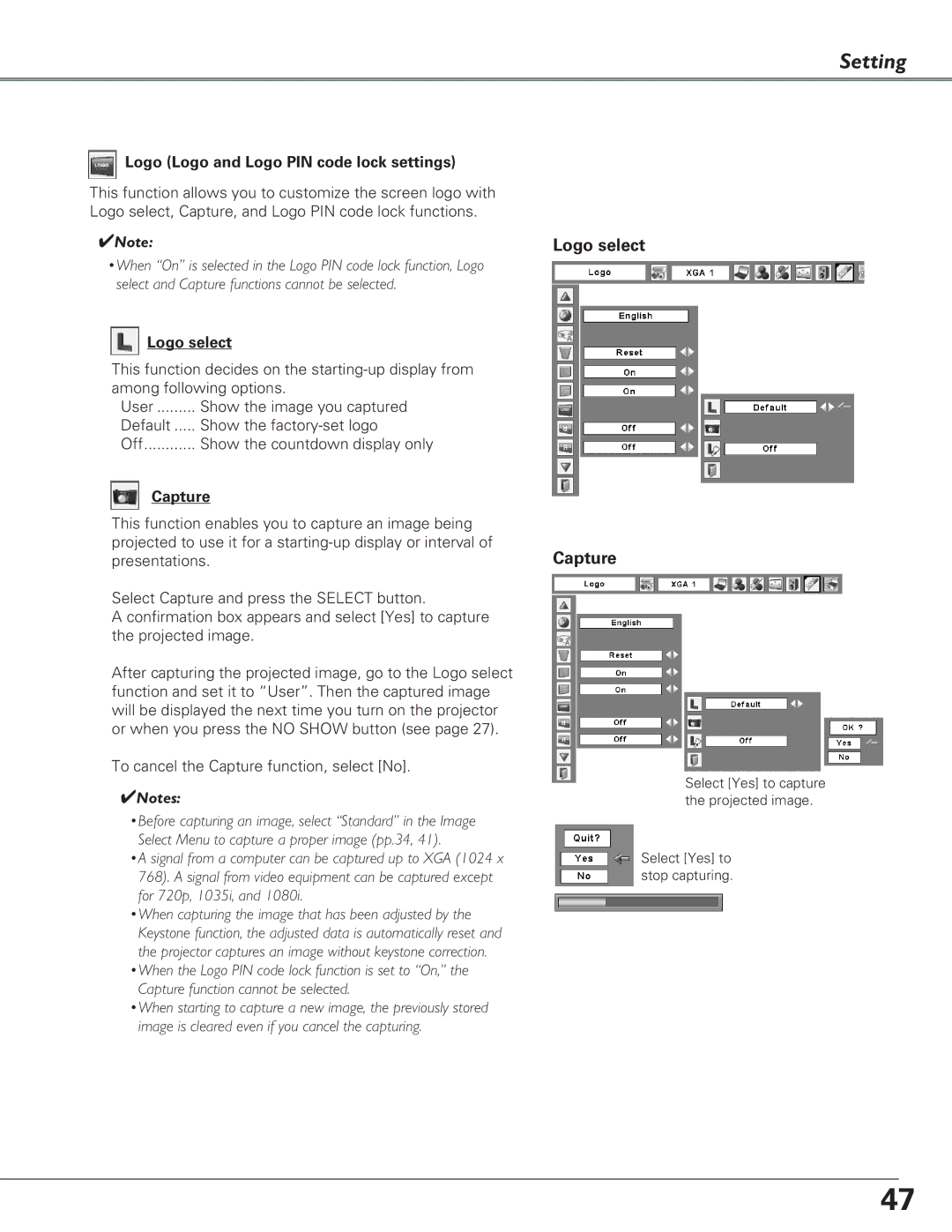 Eiki LC-XB29N owner manual Logo select Capture, Logo Logo and Logo PIN code lock settings 