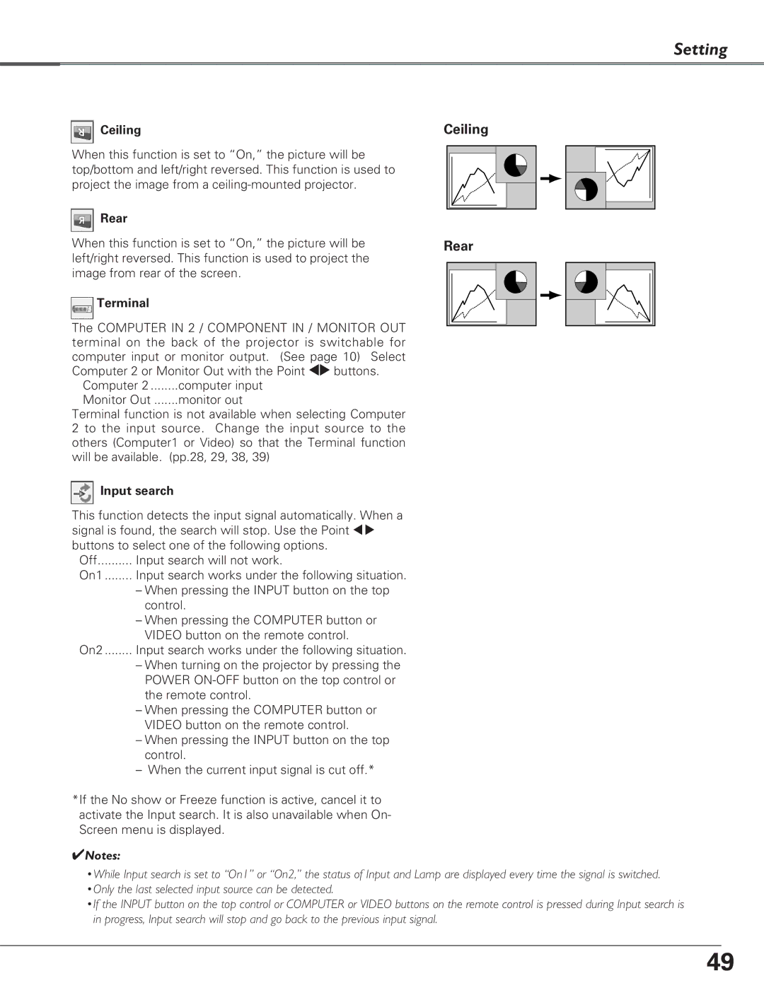 Eiki LC-XB29N owner manual Ceiling, Rear, Terminal, Input search 