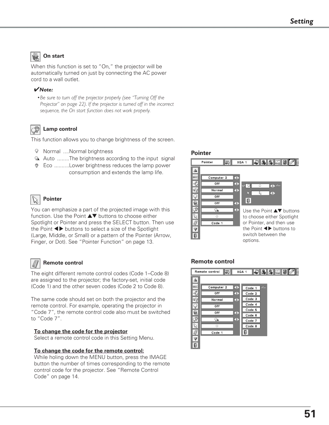 Eiki LC-XB29N owner manual Pointer, On start, Lamp control, To change the code for the projector 