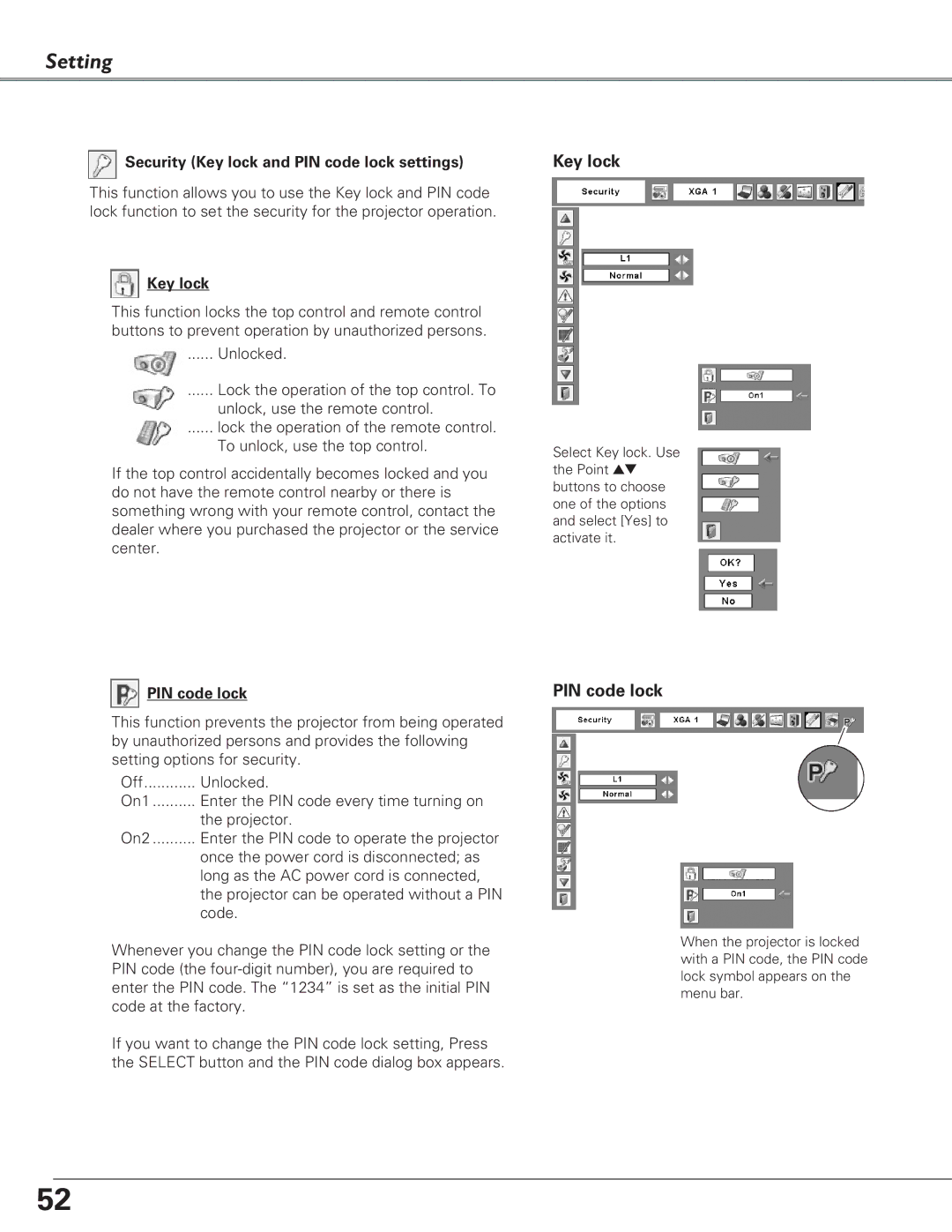 Eiki LC-XB29N owner manual Security Key lock and PIN code lock settings 